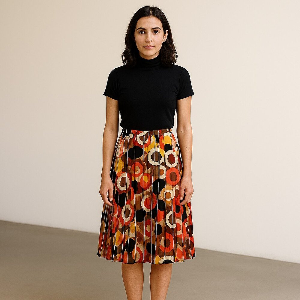 Kenneth Cole Womens Cotton Skirt Size 6 70s Abstract colors Orange Black